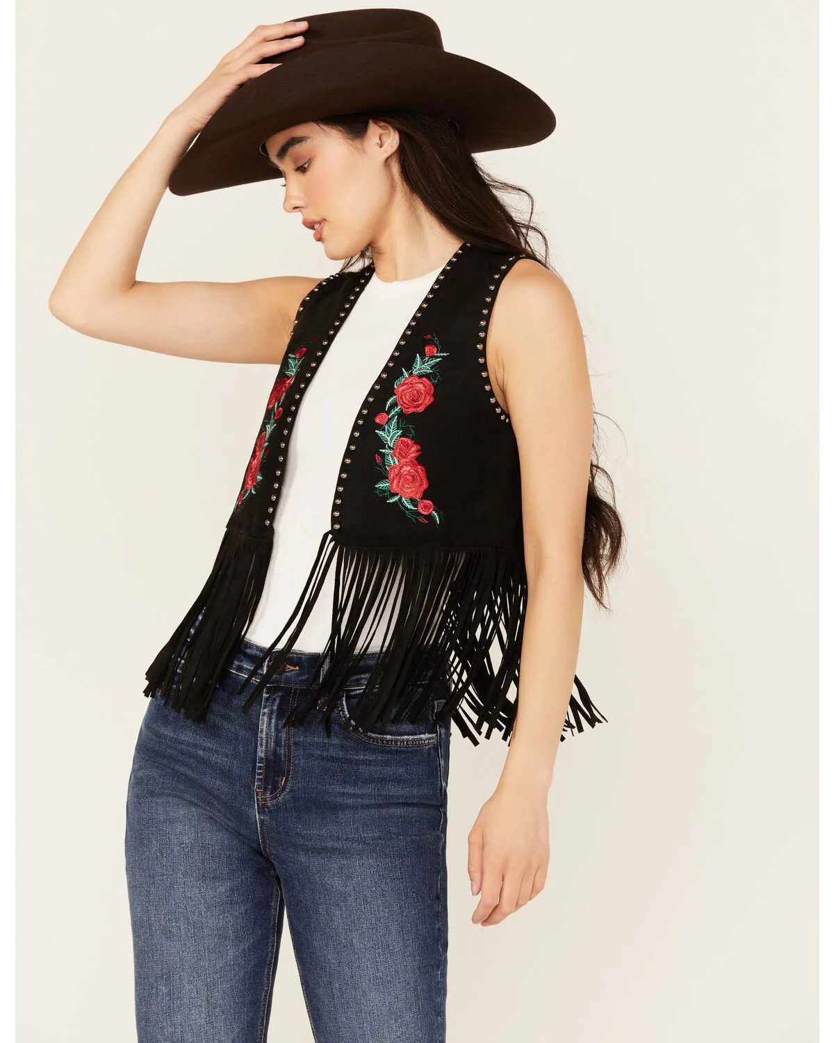 Product Name:  Vocal Women's Embroidered Rose Faux Suede Fringe Vest