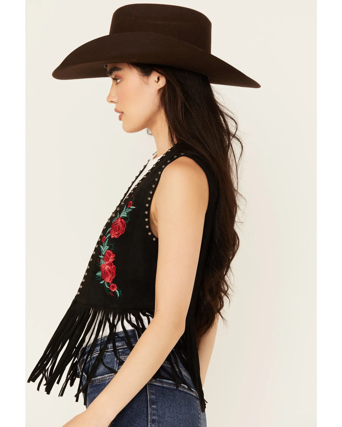 Product Name:  Vocal Women's Embroidered Rose Faux Suede Fringe Vest