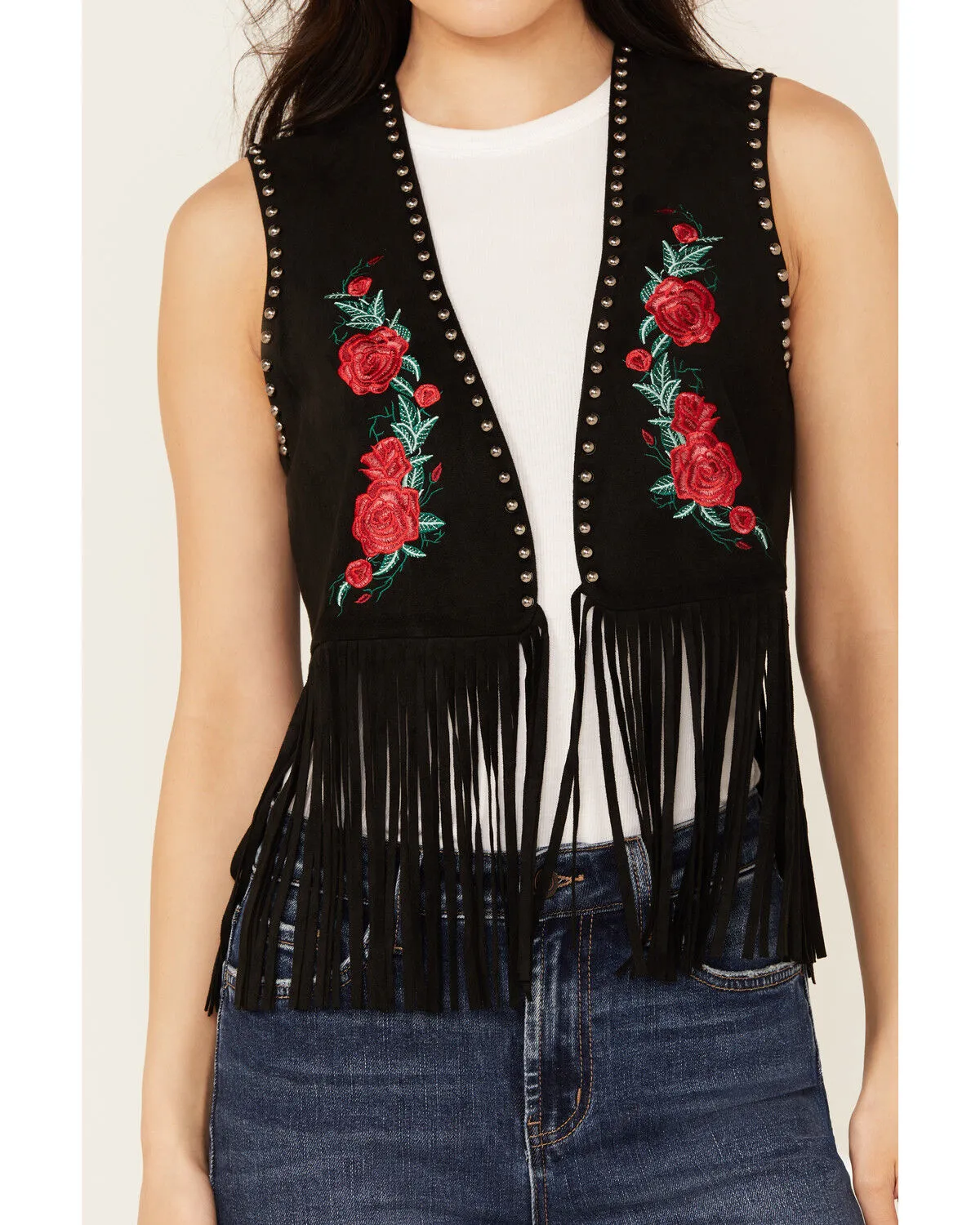 Product Name:  Vocal Women's Embroidered Rose Faux Suede Fringe Vest