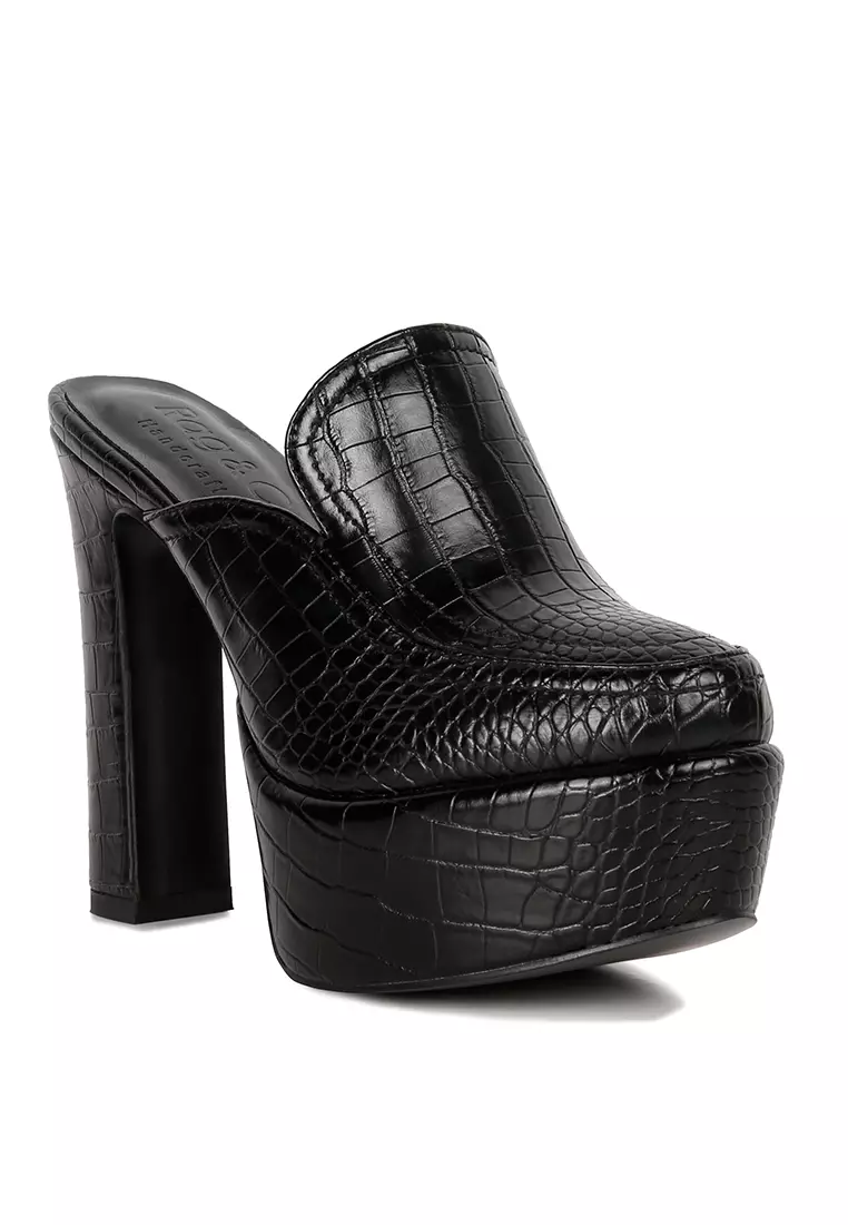 Rag & CO. Black Croc Pattern Heeled Platform Mules