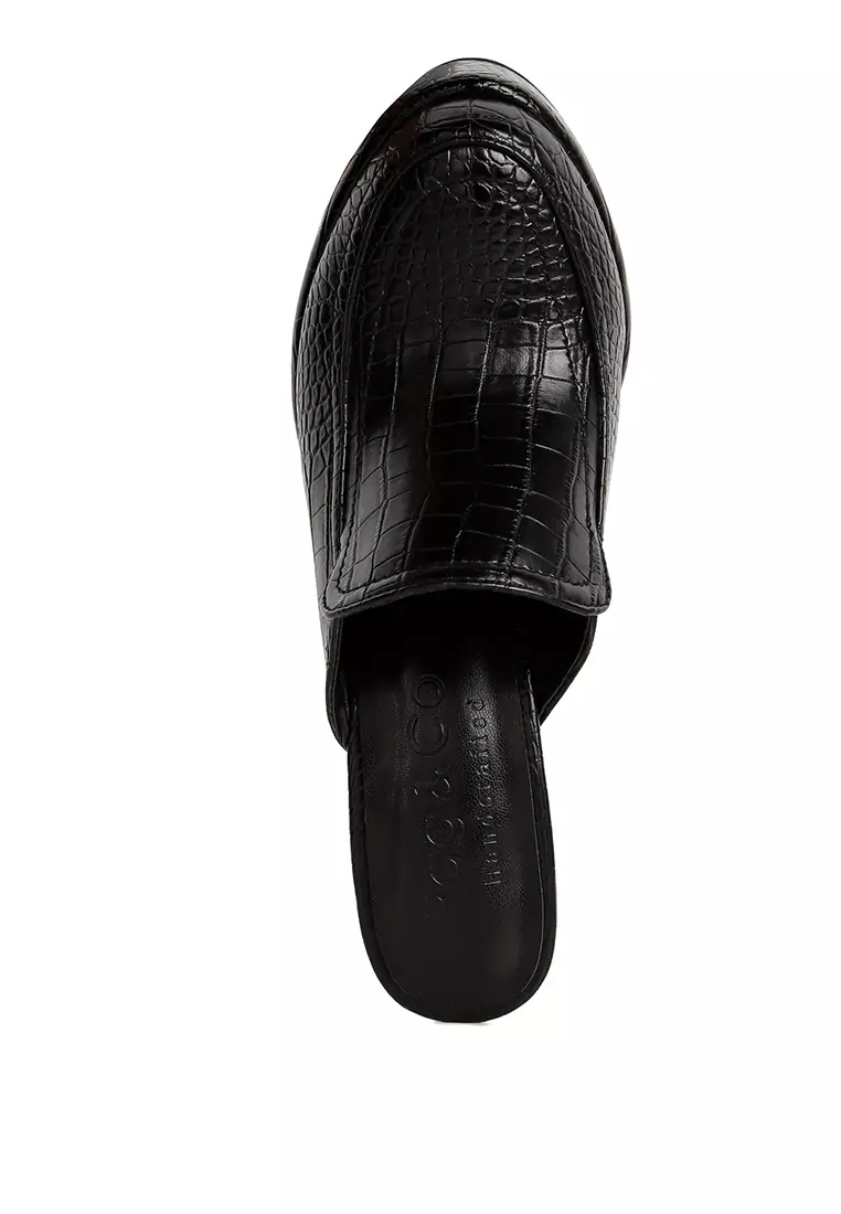 Rag & CO. Black Croc Pattern Heeled Platform Mules