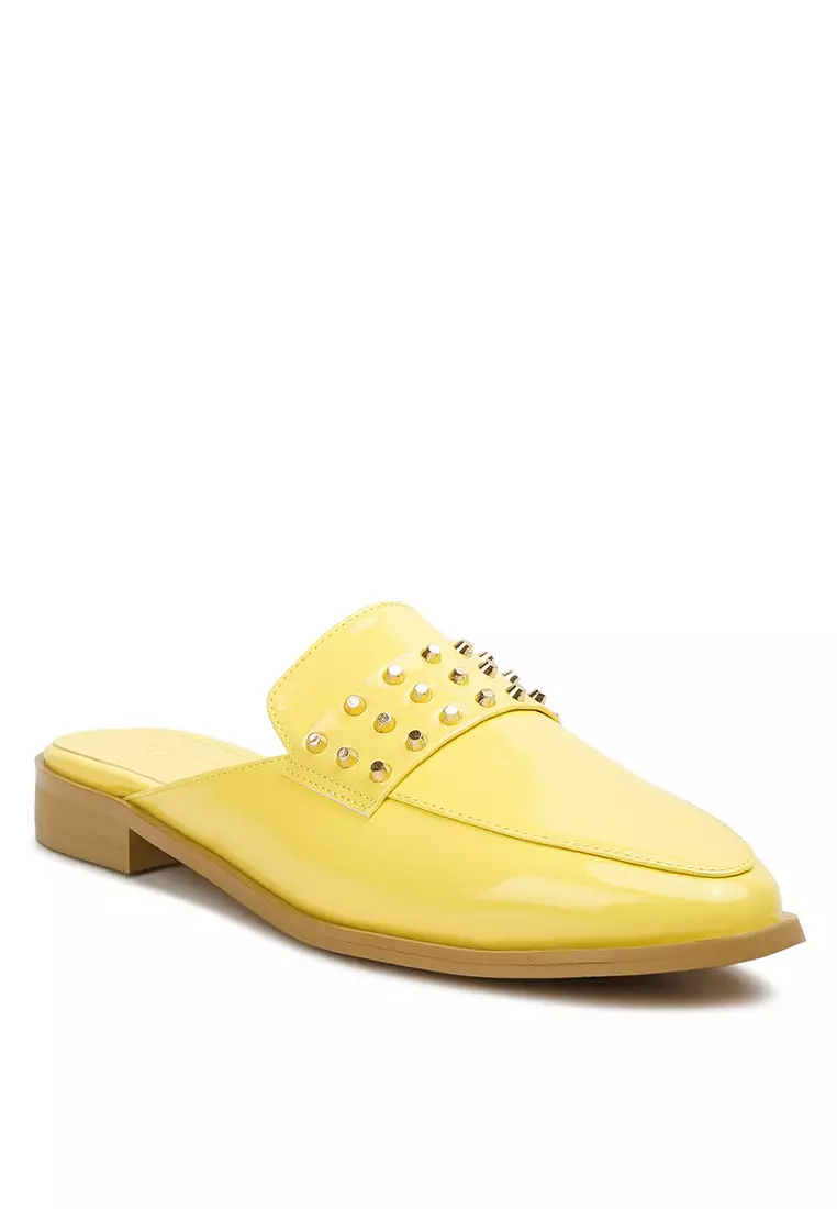 Rag & CO. Yellow Patent Studded Flat Mules