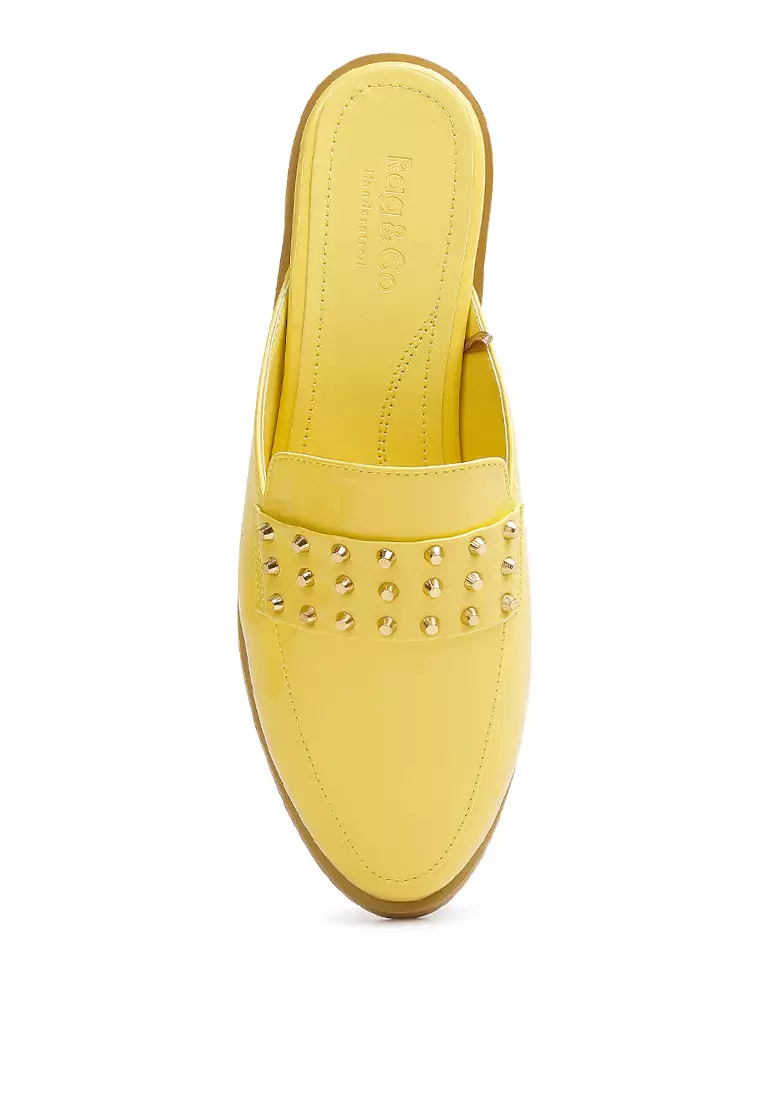 Rag & CO. Yellow Patent Studded Flat Mules