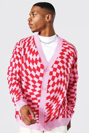 Relaxed Fit Warped Checkerboard Cardigan