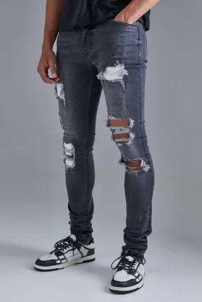 Skinny Stretch Stacked White Pu Biker Rip & Repair Jeans