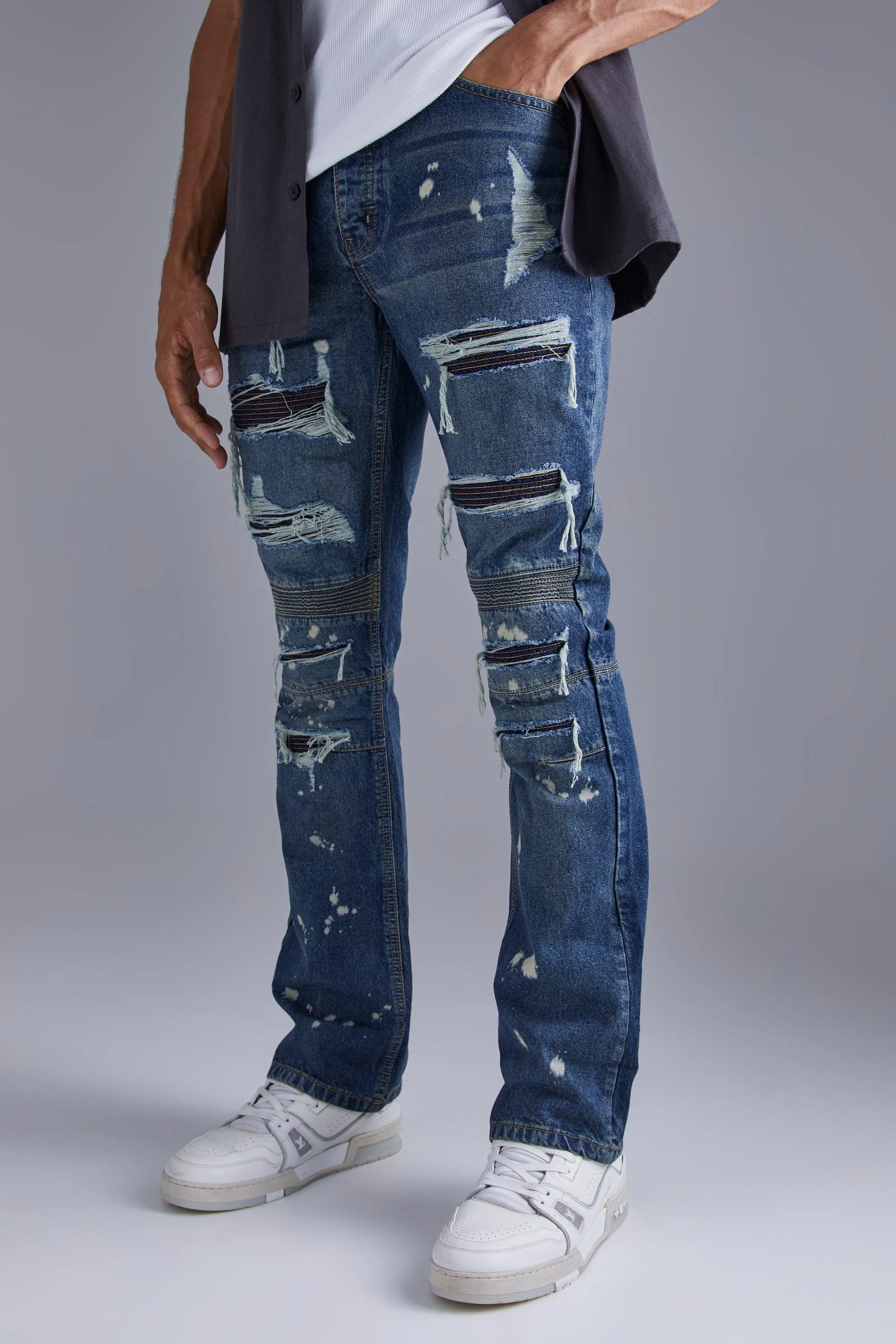 Slim Flare All Over Rip Biker Detail Jeans