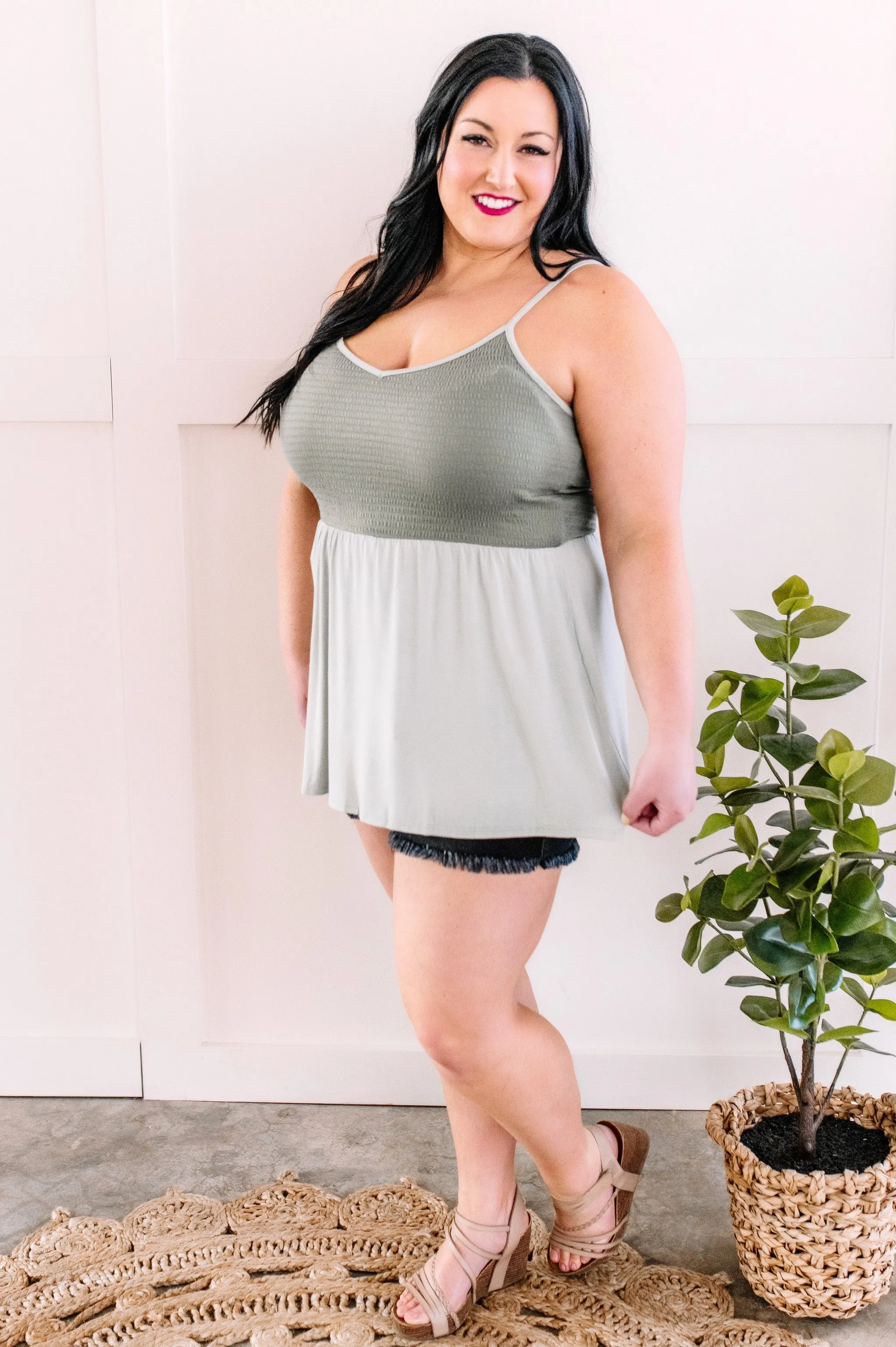 Smocked Babydoll Sleeveless Top In Boutique Sage