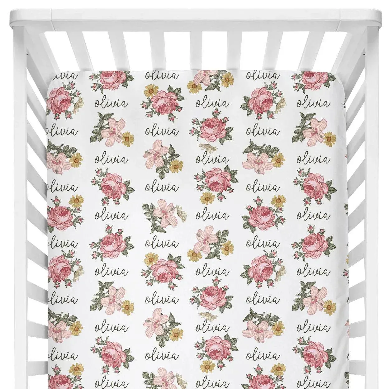 Sugar + Maple Personalized Crib Sheet | Retro Rose