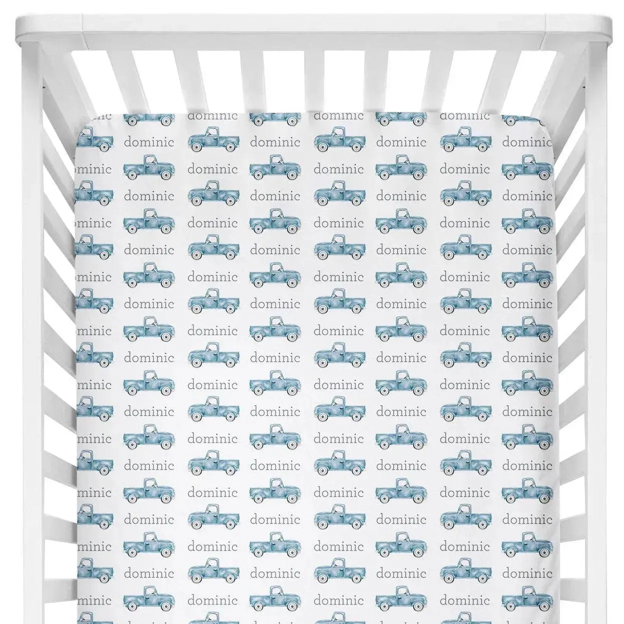 Sugar + Maple Personalized Crib Sheet | Truck Blue