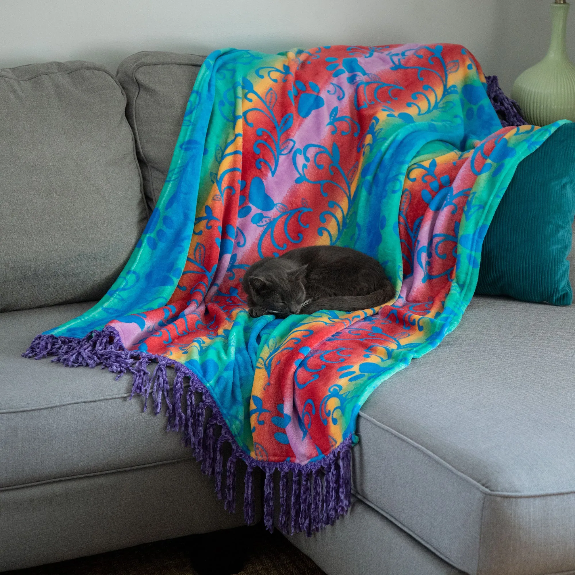 Super Cozy Paws Throw Blanket With Fringe