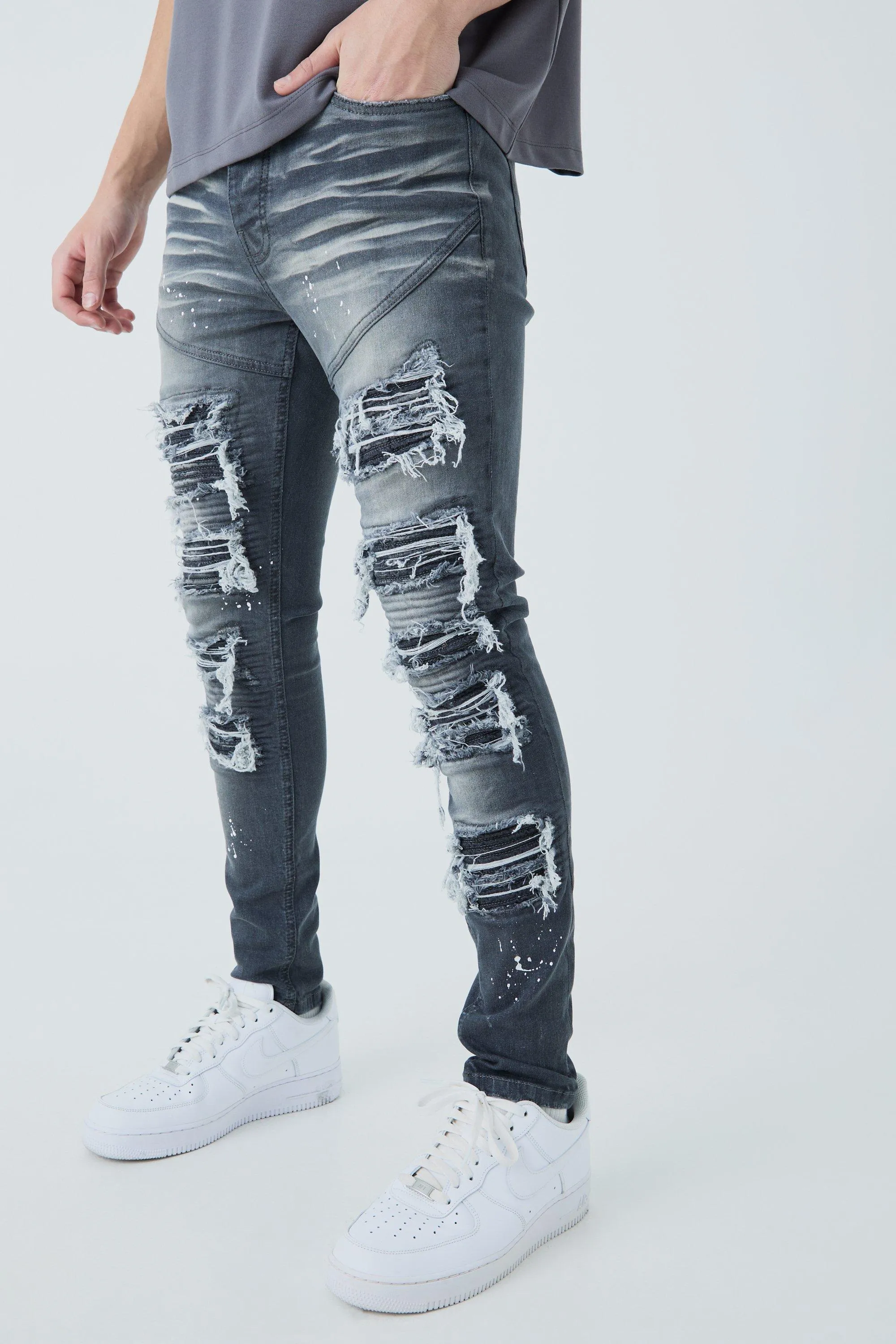 Super Skinny Biker Rip & Repair Paint Splatter Jeans | boohooMAN UK