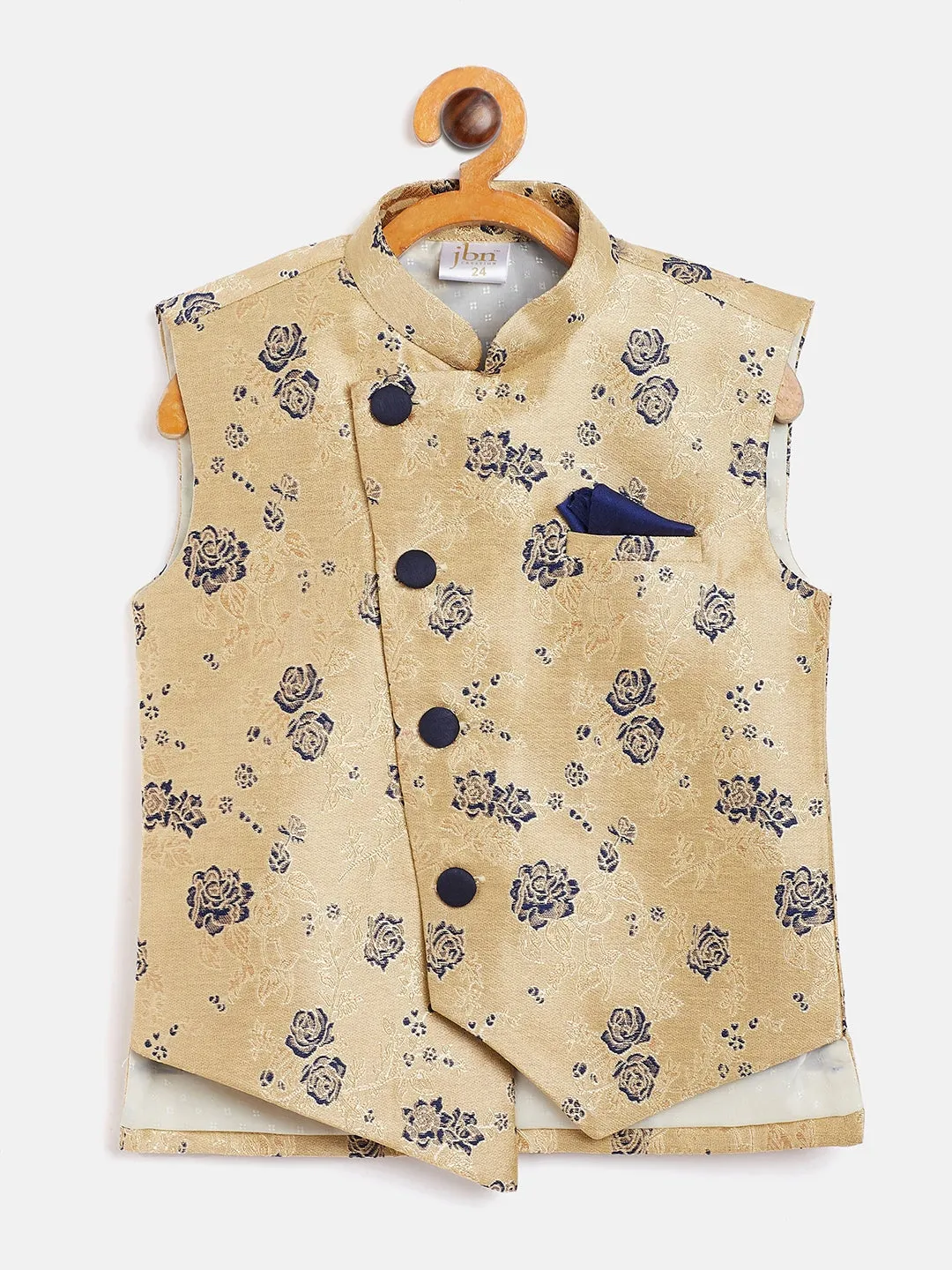 Vastramay Boy's Navy Blue Asymmetric Banarasi Brocade Nehru Jacket