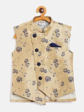 Vastramay Boy's Navy Blue Asymmetric Banarasi Brocade Nehru Jacket