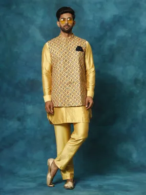 VASTRAMAY Men's Mustard Geometric Printed Nehru Jacket With Curved Kurta And Pant Set