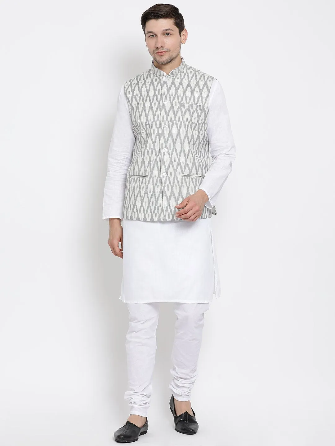 VASTRAMAY Men's White Cotton Kurta, Grey Ethnic Jacket and Pyjama Set