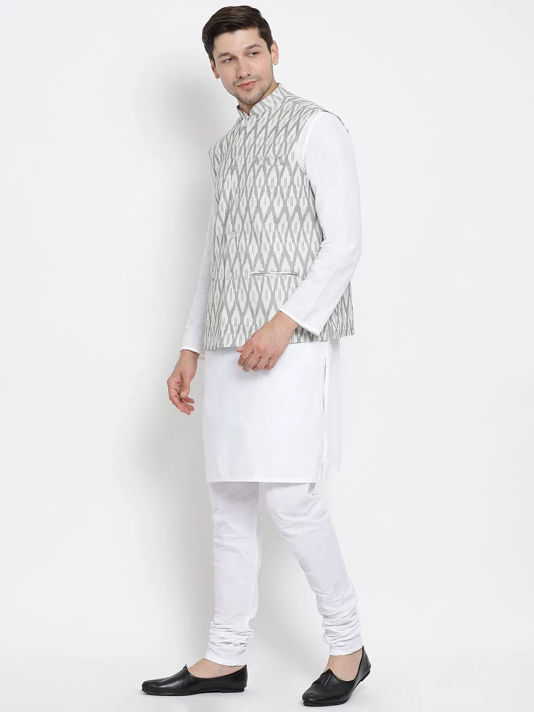 VASTRAMAY Men's White Cotton Kurta, Grey Ethnic Jacket and Pyjama Set