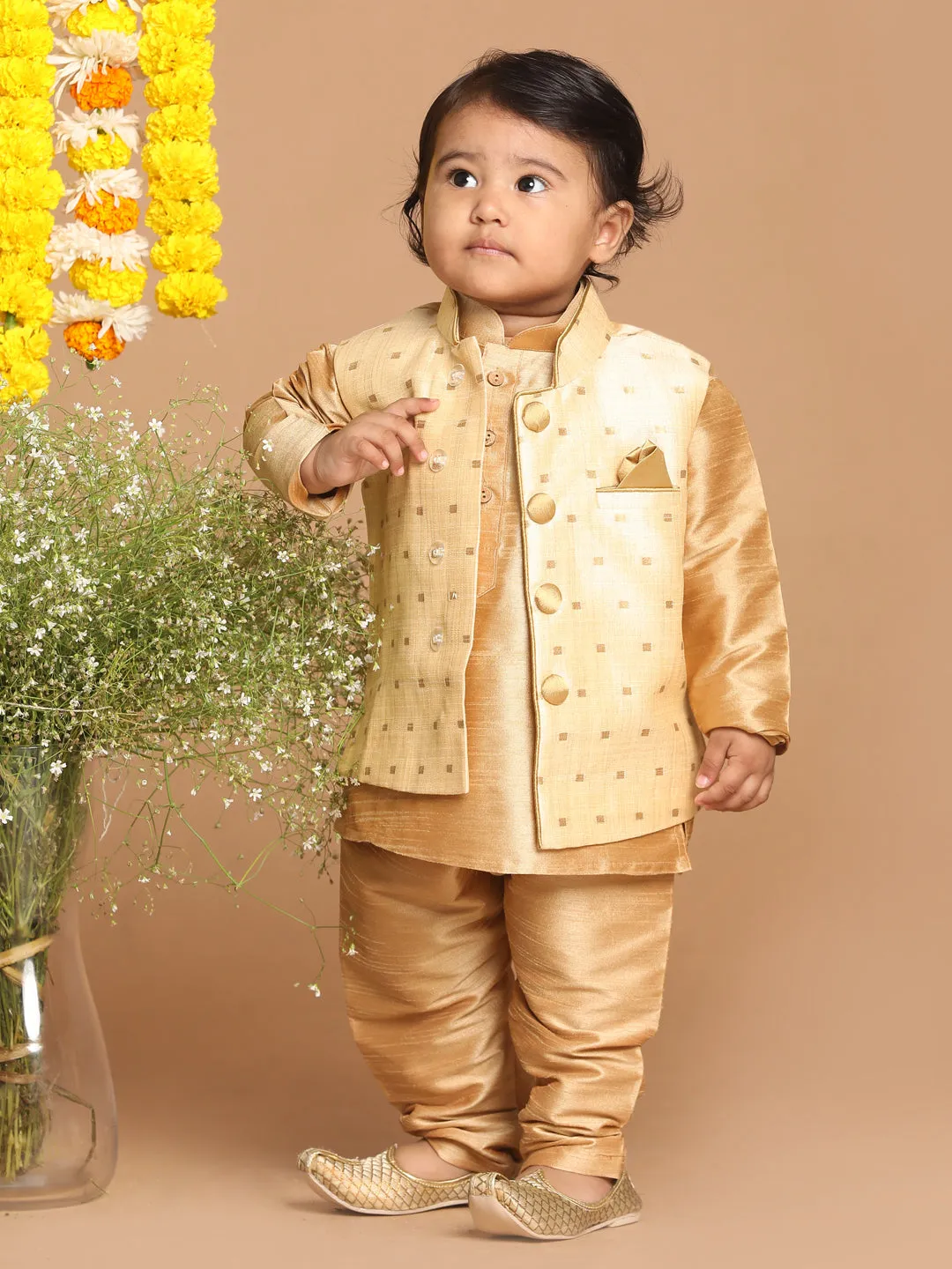 VASTRAMAY SISHU Boys Gold -Toned Woven Design Slim-Fit Nehru Jacket