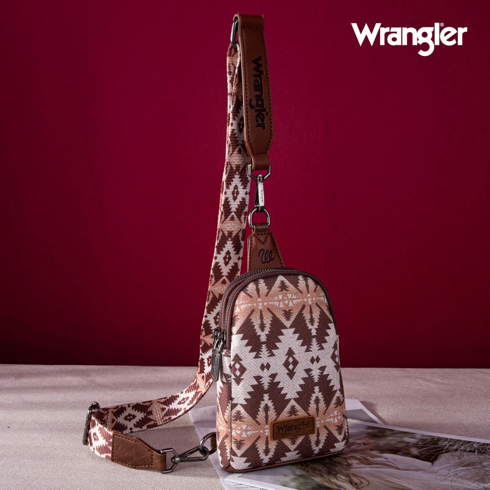 WG2205-210  Wrangler Aztec Print Crossbody Sling Chest Bag  - Light Coffee