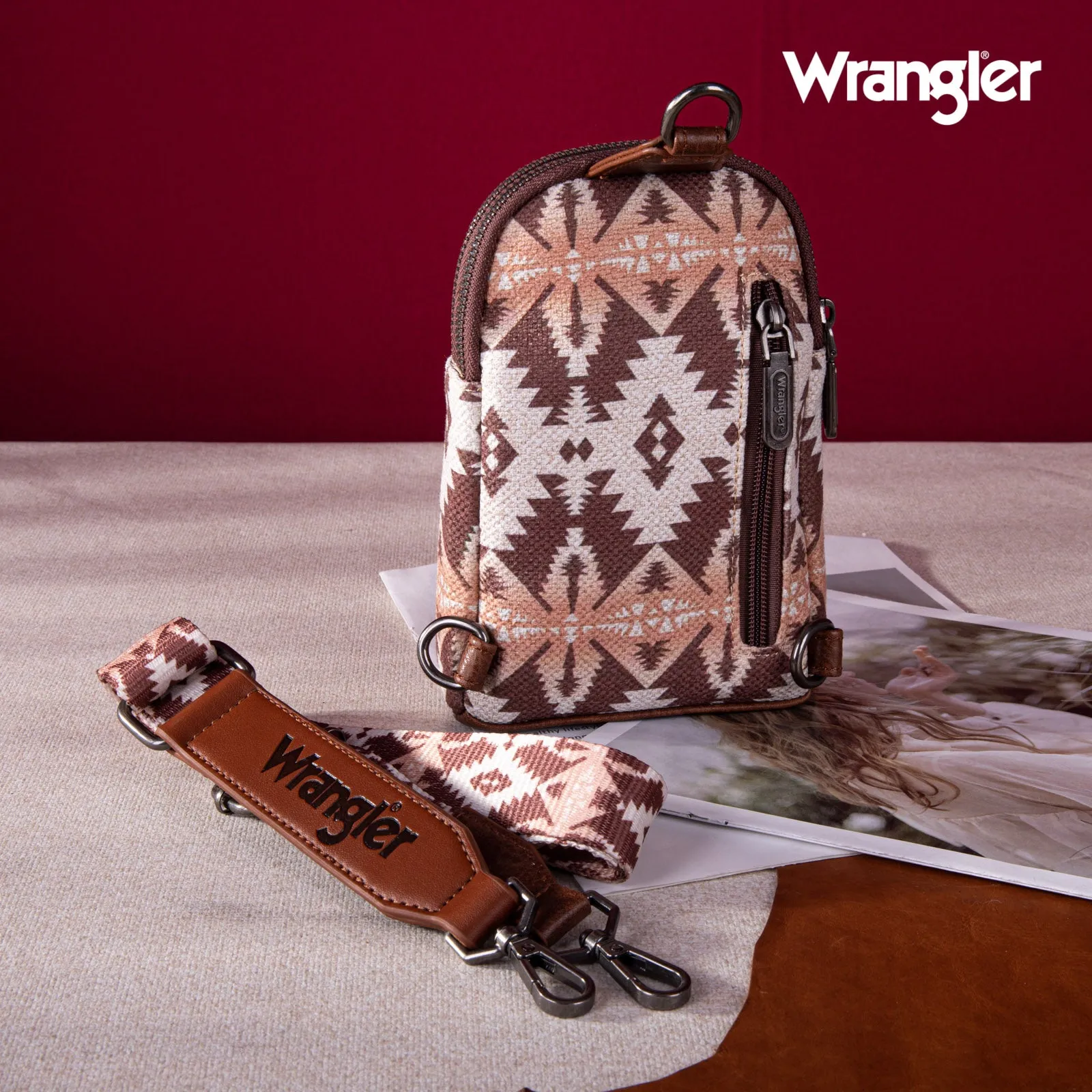 WG2205-210  Wrangler Aztec Print Crossbody Sling Chest Bag  - Light Coffee