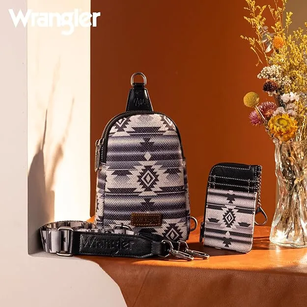 WG2205-210W  Wrangler Aztec Print Crossbody Sling Chest Bag With Zip Card Holder Set - Black