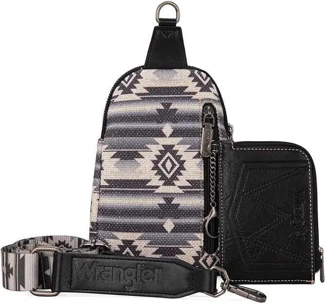 WG2205-210W  Wrangler Aztec Print Crossbody Sling Chest Bag With Zip Card Holder Set - Black