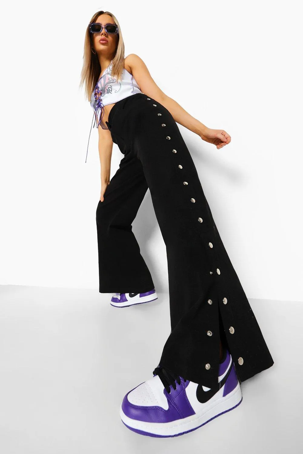 Woven Eyelet Detail Wide Leg Pants