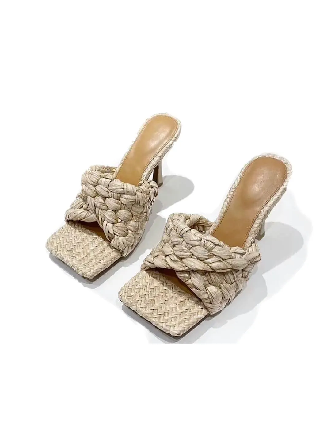 Woven Straw High Heeled Mules