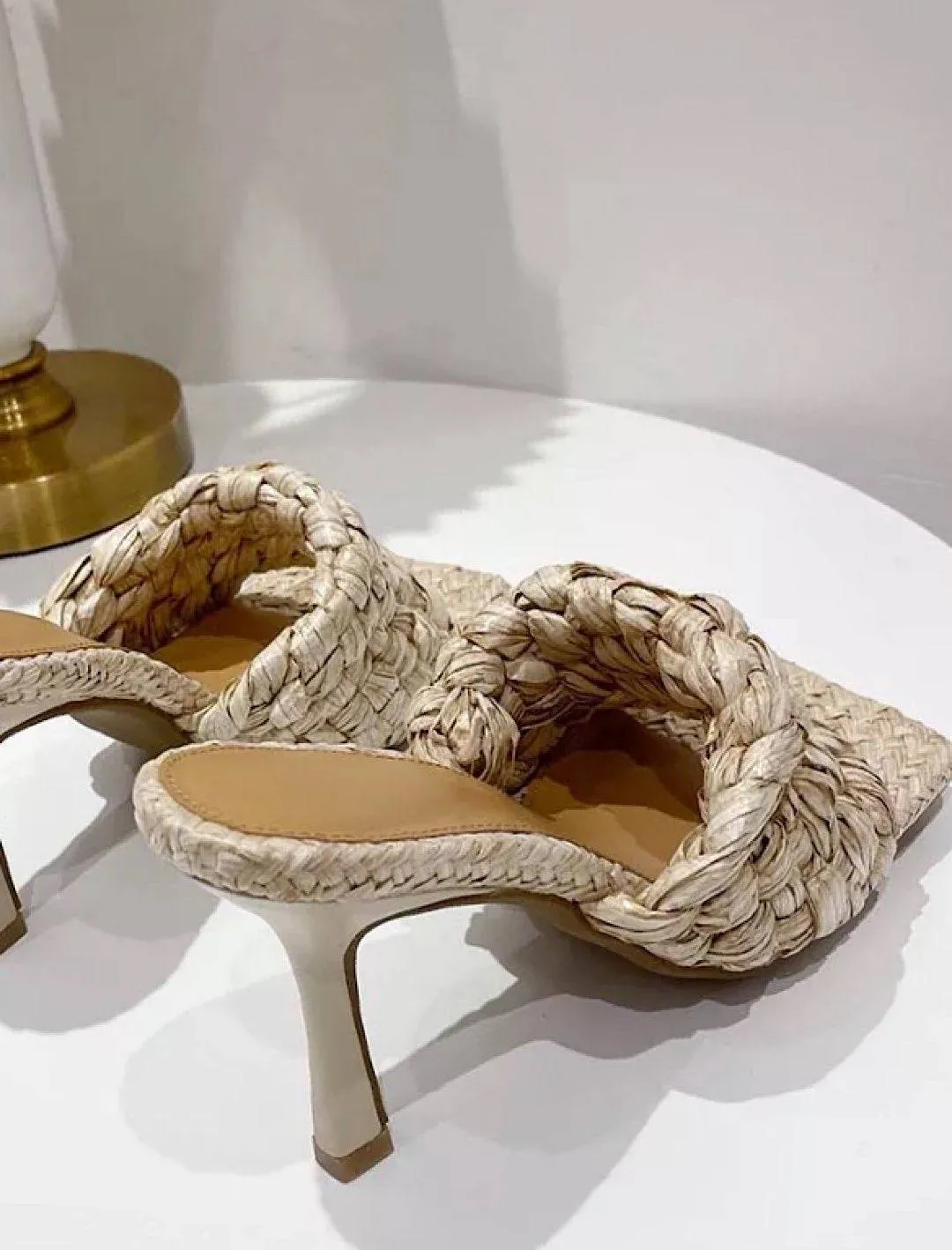 Woven Straw High Heeled Mules