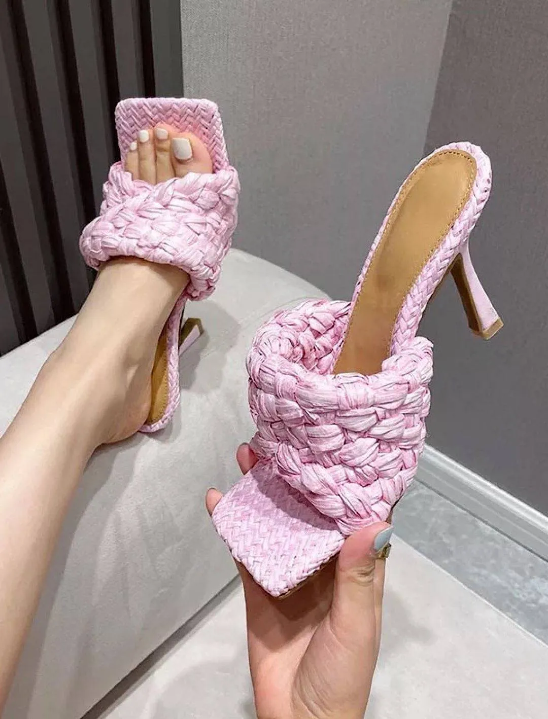 Woven Straw High Heeled Mules