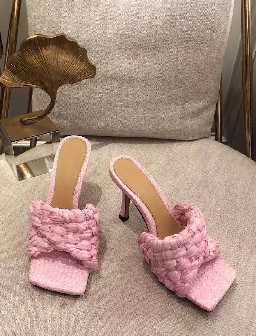 Woven Straw High Heeled Mules